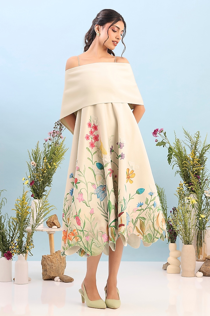 Beige Neoprene Floral Printed Midi Vacation Dress by OZEQO at Pernia's Pop Up Shop