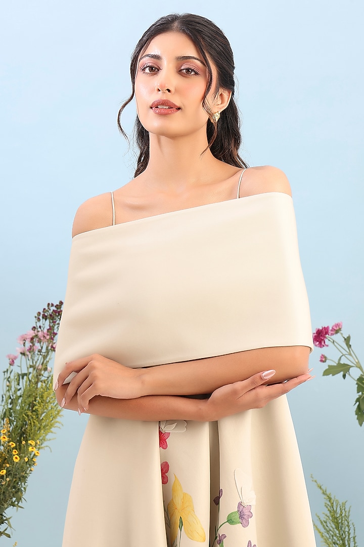 Beige Neoprene Floral Printed Midi Vacation Dress by OZEQO at Pernia's Pop Up Shop