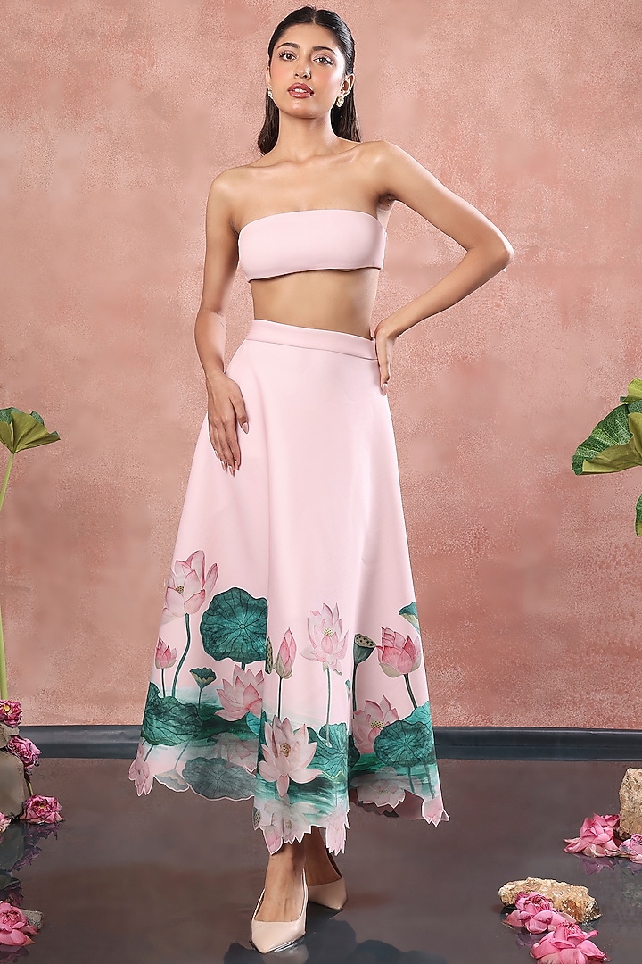 Blush Pink Neoprene Floral Printed Midi Skirt Set by OZEQO at Pernia's Pop Up Shop