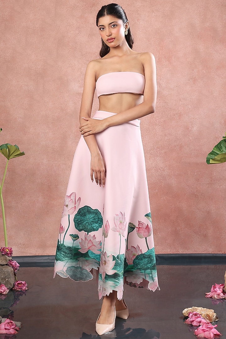 Blush Pink Neoprene Floral Printed Midi Skirt Set by OZEQO at Pernia's Pop Up Shop