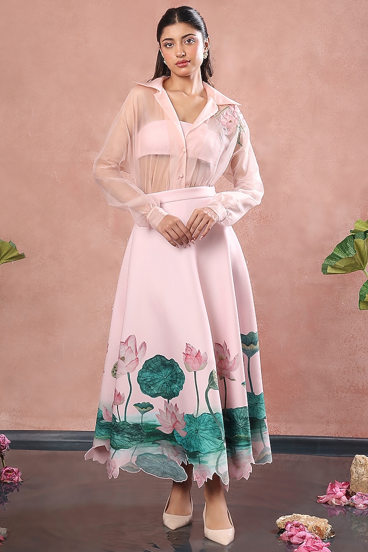 Blush Pink Neoprene Floral Printed Midi Skirt Set by OZEQO at Pernia's Pop Up Shop