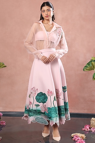 Blush Pink Neoprene Floral Printed Midi Skirt Set by OZEQO