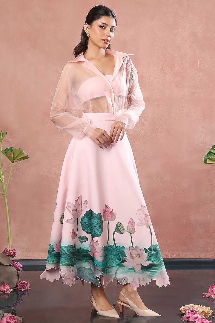 Blush Pink Neoprene Floral Printed Midi Skirt Set by OZEQO at Pernia's Pop Up Shop