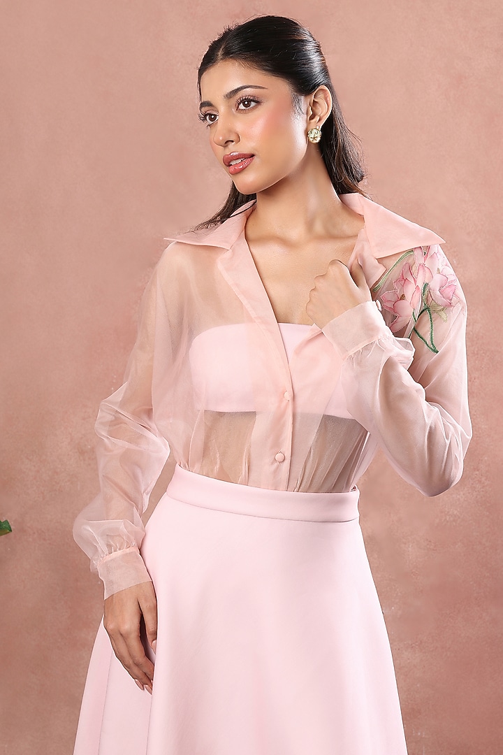 Blush Pink Neoprene Floral Printed Midi Skirt Set by OZEQO at Pernia's Pop Up Shop