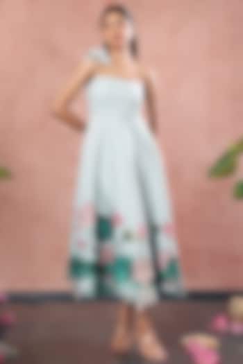 Green Neoprene Floral Printed A-Line Midi Summer Dress by OZEQO at Pernia's Pop Up Shop