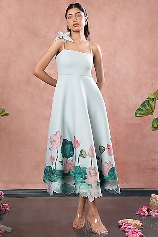 Green Neoprene Floral Printed A-Line Midi Dress by OZEQO