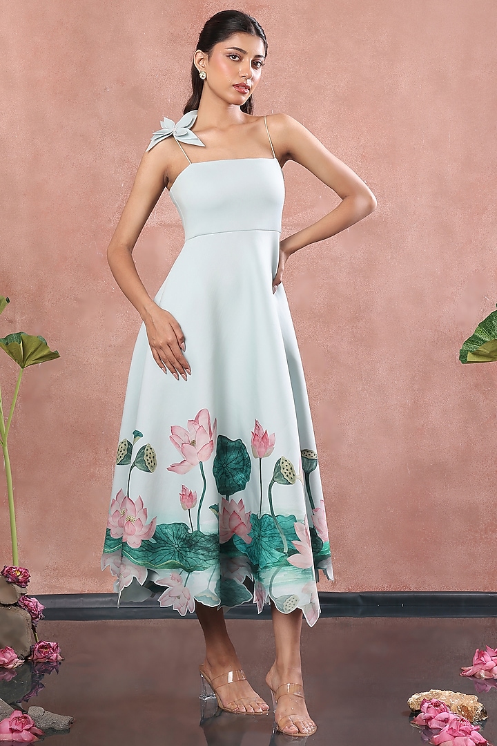 Green Neoprene Floral Printed A-Line Midi Summer Dress by OZEQO at Pernia's Pop Up Shop