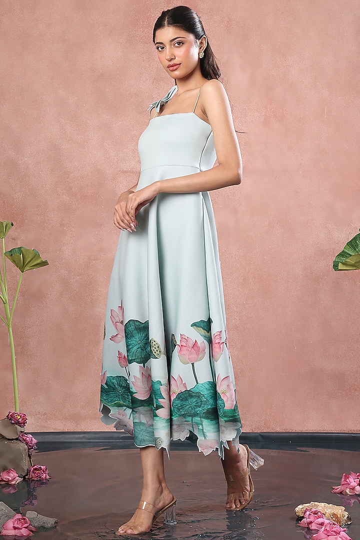 Green Neoprene Floral Printed A-Line Midi Summer Dress by OZEQO at Pernia's Pop Up Shop