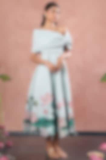 Green Neoprene Floral Printed A-Line Midi Vacation Dress With Bow Wrap by OZEQO at Pernia's Pop Up Shop