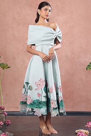 Green Neoprene Floral Printed A-Line Midi Dress With Bow Wrap by OZEQO