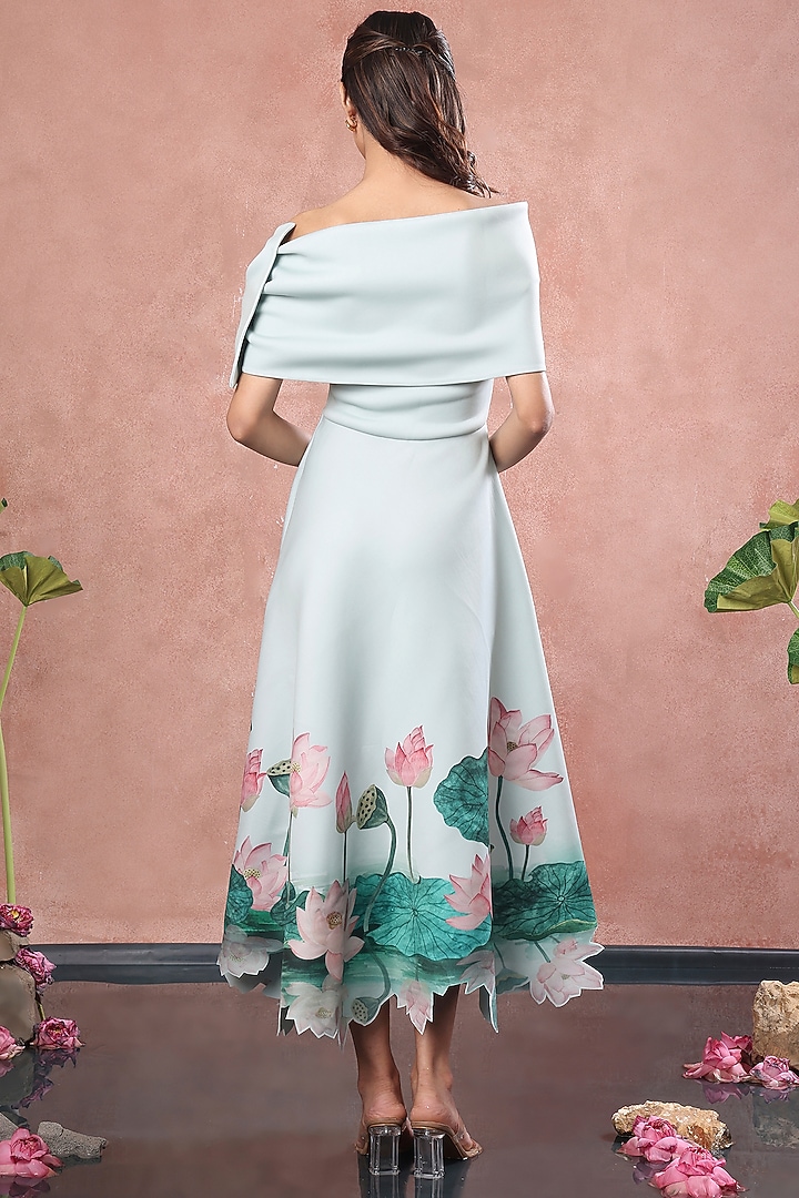 Green Neoprene Floral Printed A-Line Midi Vacation Dress With Bow Wrap by OZEQO at Pernia's Pop Up Shop
