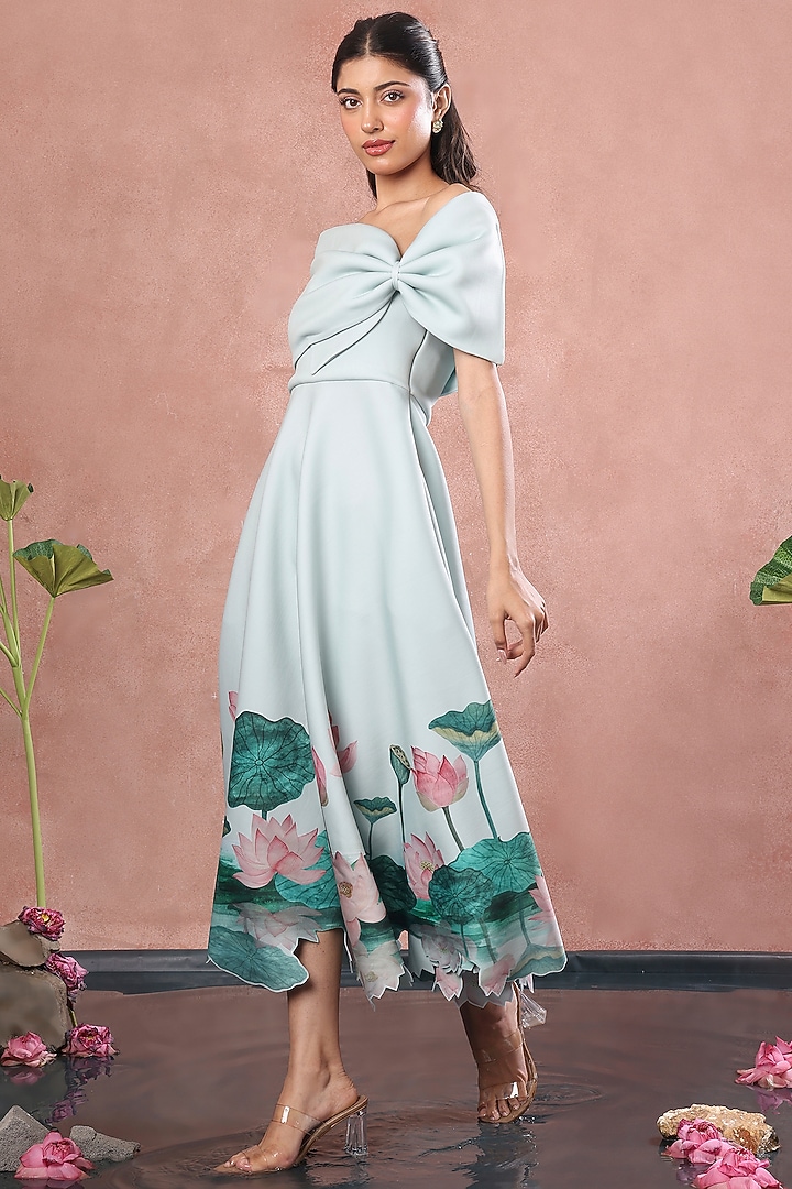 Green Neoprene Floral Printed A-Line Midi Vacation Dress With Bow Wrap by OZEQO at Pernia's Pop Up Shop