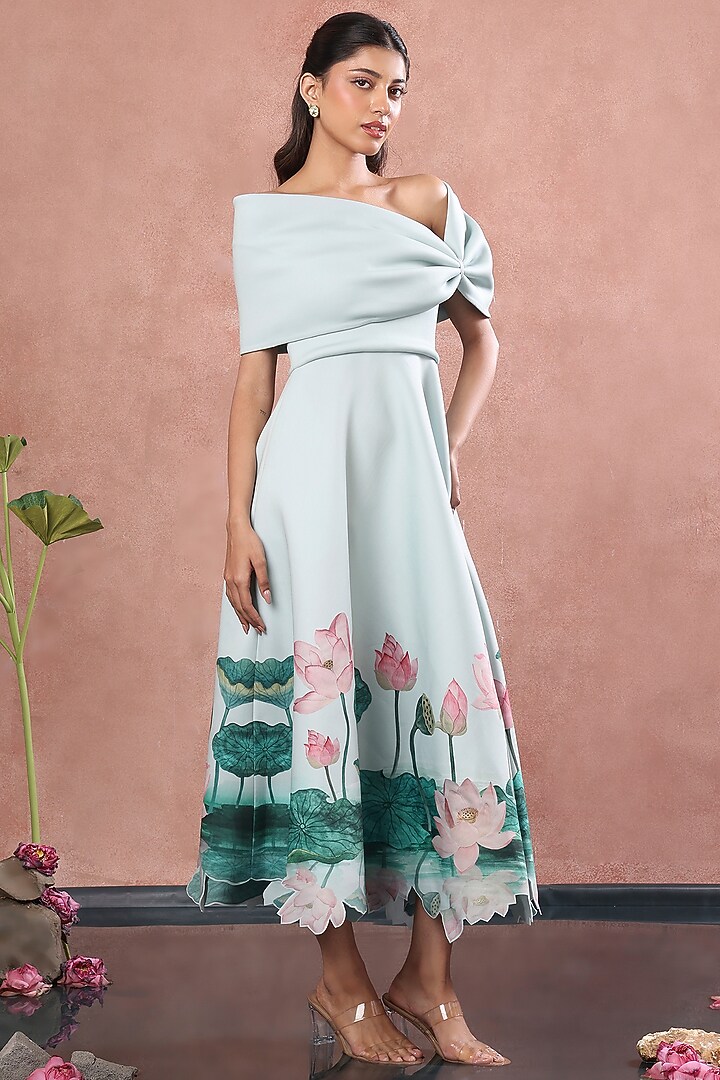 Green Neoprene Floral Printed A-Line Midi Vacation Dress With Bow Wrap by OZEQO at Pernia's Pop Up Shop
