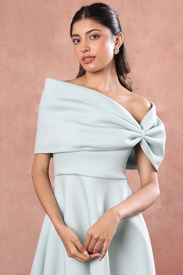 Green Neoprene Floral Printed A-Line Midi Vacation Dress With Bow Wrap by OZEQO at Pernia's Pop Up Shop