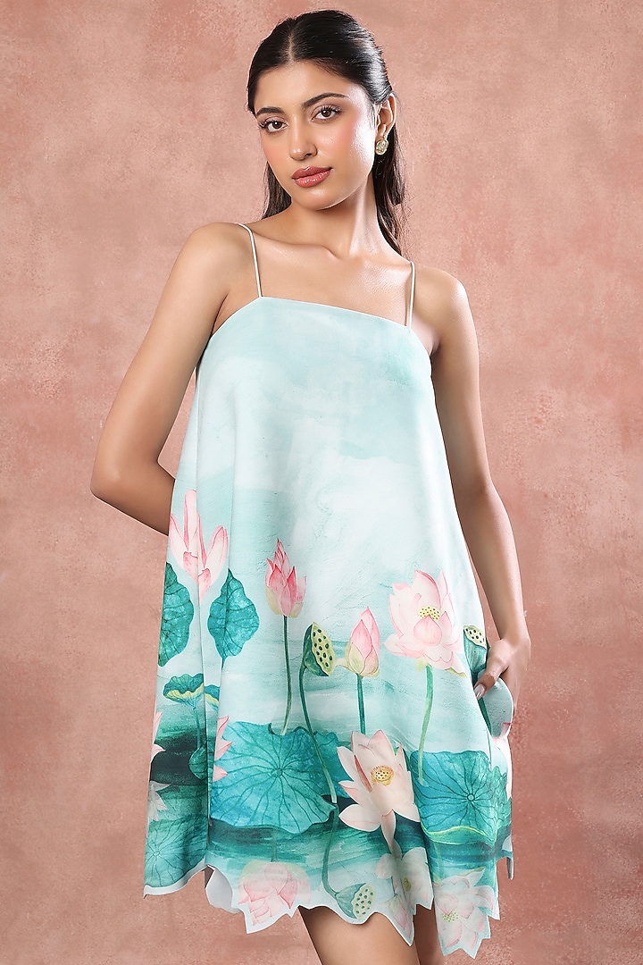 Aqua Green Neoprene Hand Painted Mini Summer Dress by OZEQO at Pernia's Pop Up Shop