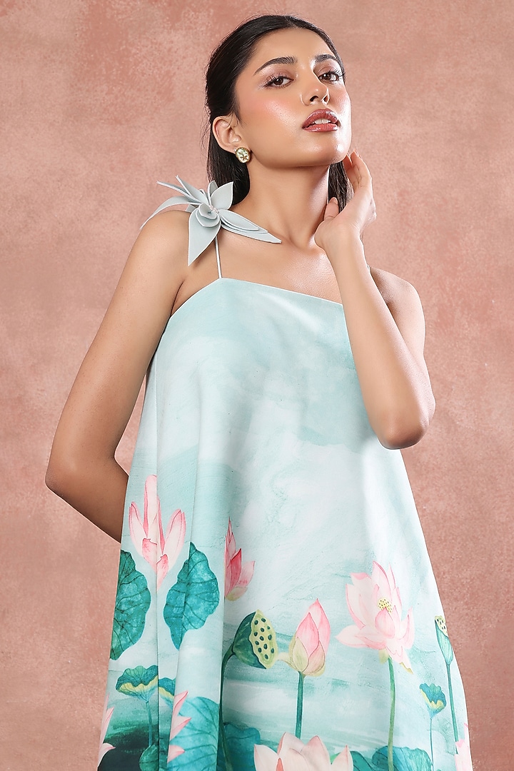 Aqua Neoprene Hand Painted Mini Summer Dress With Flower by OZEQO at Pernia's Pop Up Shop