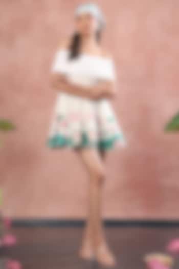 White Neoprene Floral Printed Mini Summer Dress With Wrap by OZEQO at Pernia's Pop Up Shop