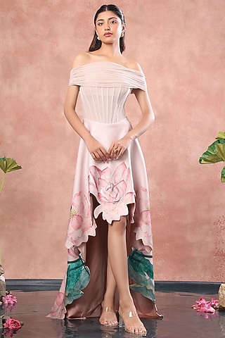 Pink Neoprene Lotus Hand Painted High-Low Dress With Overlay by OZEQO