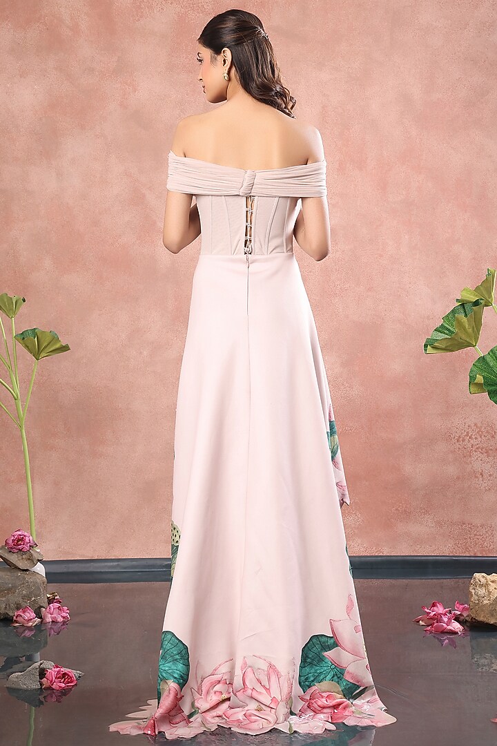 Pink Neoprene Lotus Hand Painted High-Low Cocktail Dress With Overlay by OZEQO at Pernia's Pop Up Shop
