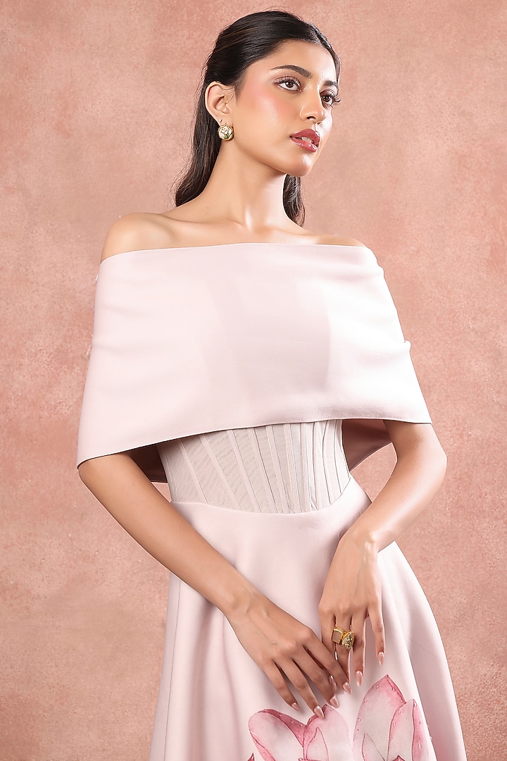 Pink Neoprene Lotus Hand Painted Strapless Cocktail Dress With Wrap by OZEQO at Pernia's Pop Up Shop