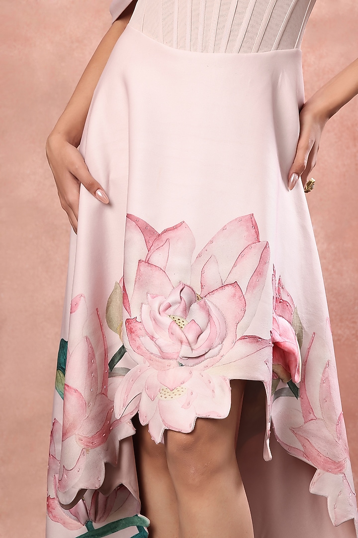 Pink Neoprene Lotus Hand Painted Strapless Cocktail Dress With Wrap by OZEQO at Pernia's Pop Up Shop