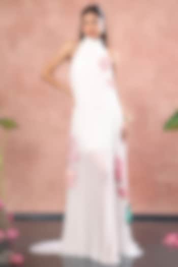 White Neoprene Mini Vacation Dress With Hand Painted Overlay by OZEQO at Pernia's Pop Up Shop