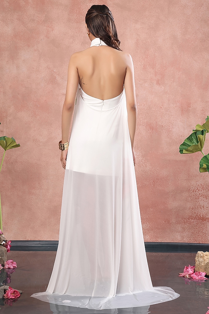 White Neoprene Mini Vacation Dress With Hand Painted Overlay by OZEQO at Pernia's Pop Up Shop