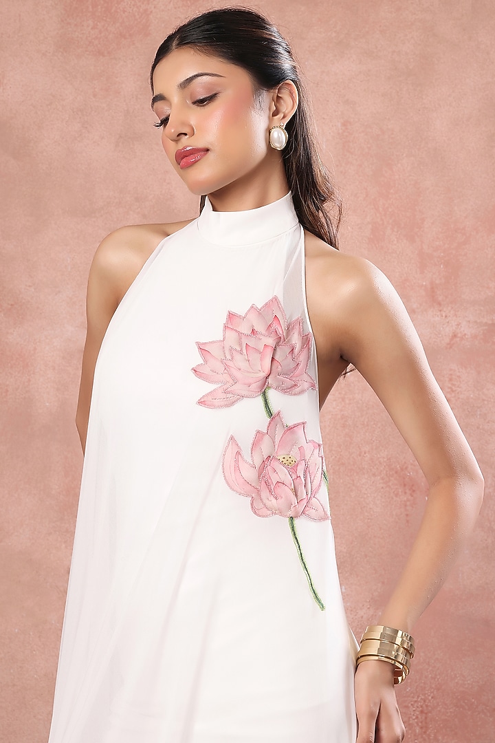 White Neoprene Mini Vacation Dress With Hand Painted Overlay by OZEQO at Pernia's Pop Up Shop