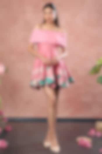 Pink Neoprene Lotus Hand Painted Mini Summer Dress With Wrap by OZEQO at Pernia's Pop Up Shop