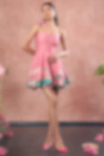 Pink Neoprene Lotus Hand Painted Mini Summer Dress by OZEQO at Pernia's Pop Up Shop