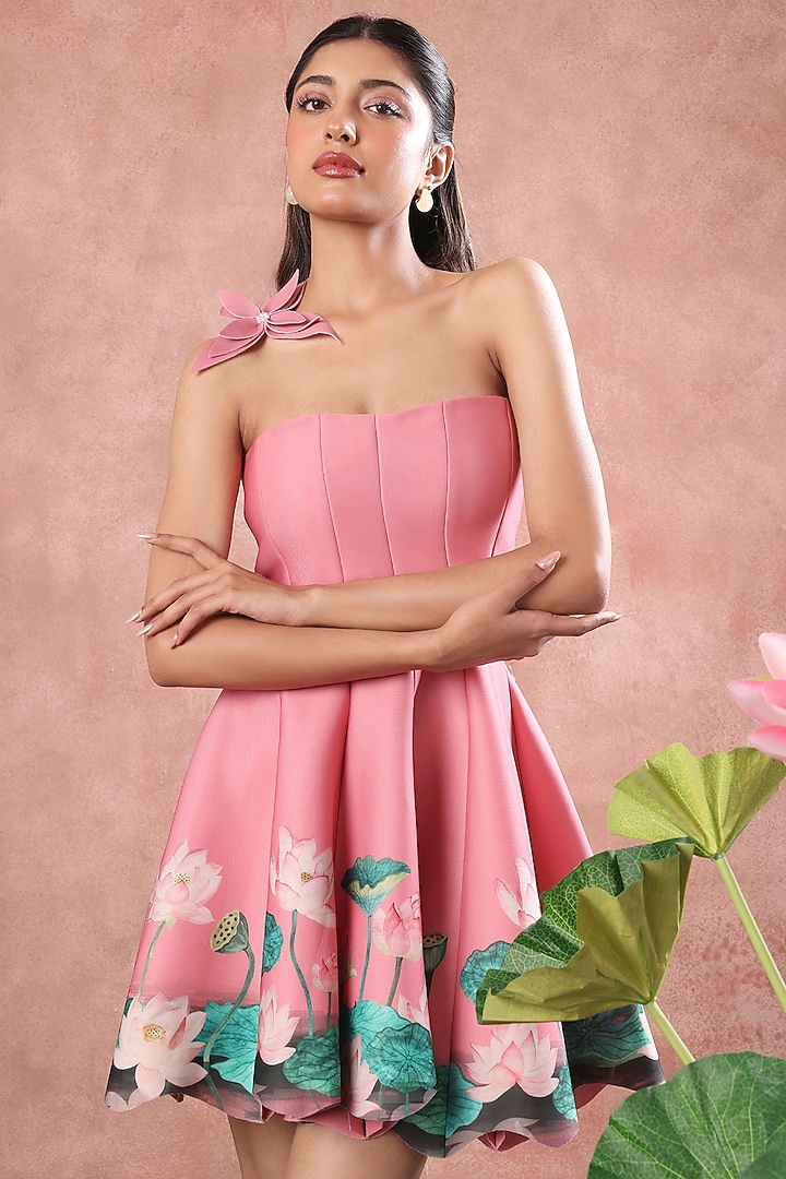 Pink Neoprene Lotus Hand Painted Mini Summer Dress by OZEQO at Pernia's Pop Up Shop