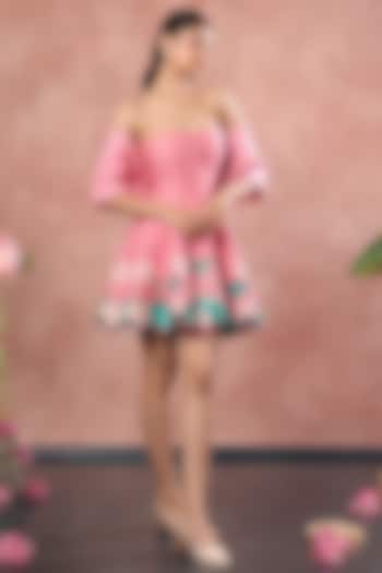 Pink Neoprene Lotus Hand Painted Mini Summer Dress With Bow Wrap by OZEQO at Pernia's Pop Up Shop