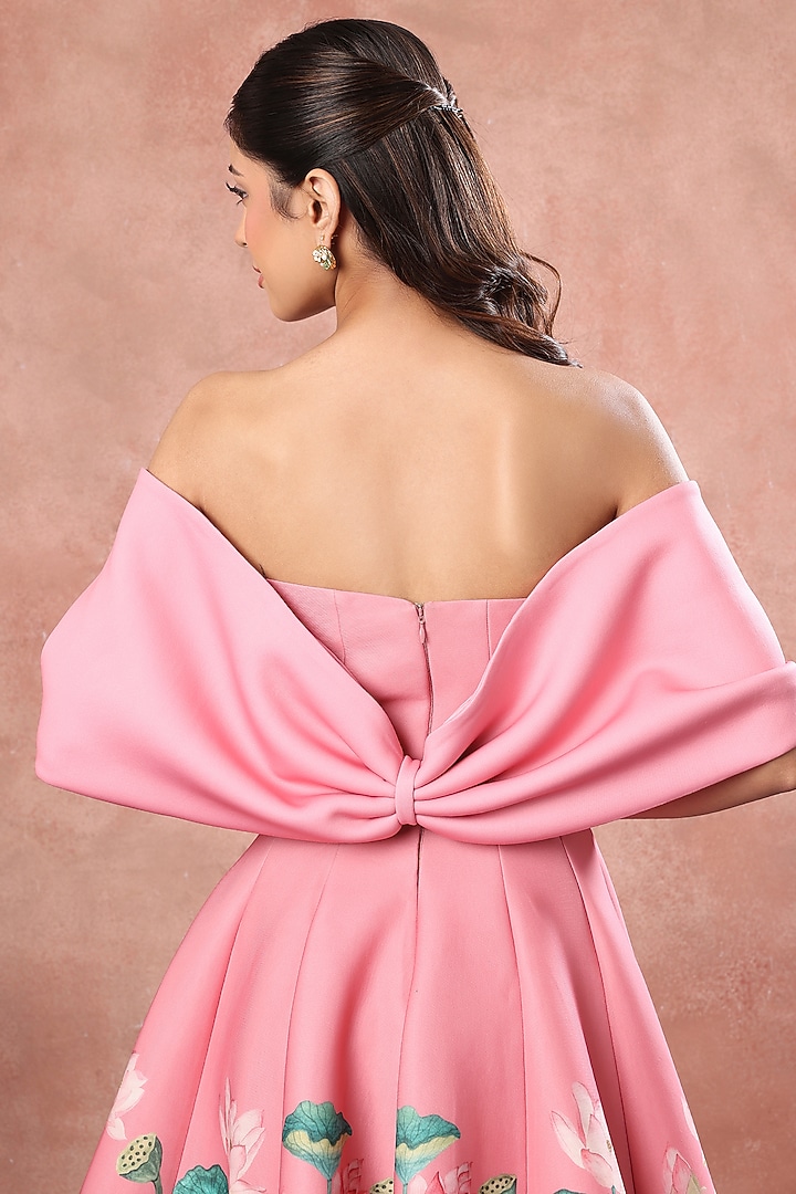 Pink Neoprene Lotus Hand Painted Mini Summer Dress With Bow Wrap by OZEQO at Pernia's Pop Up Shop