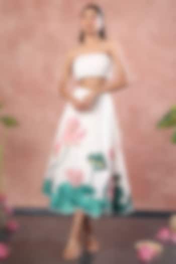 White Neoprene Lotus Hand Painted Midi Skirt Set by OZEQO at Pernia's Pop Up Shop