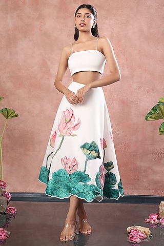 White Neoprene Lotus Hand Painted Midi Skirt Set by OZEQO