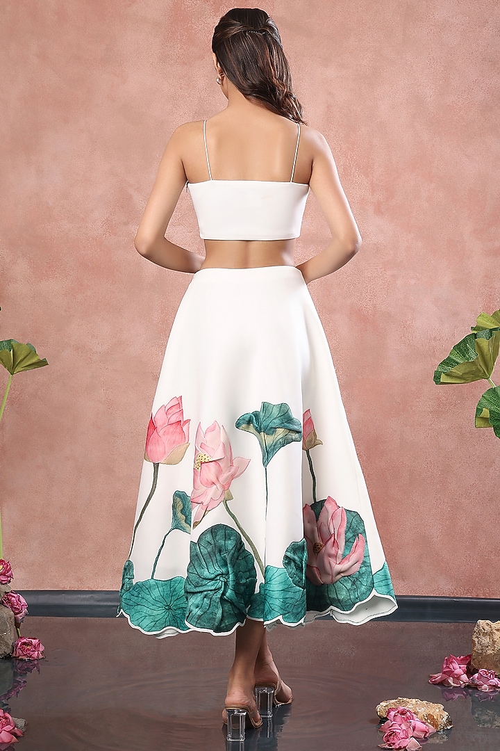 White Neoprene Lotus Hand Painted Midi Skirt Set by OZEQO at Pernia's Pop Up Shop