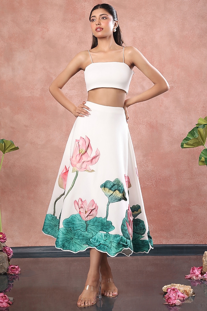 White Neoprene Lotus Hand Painted Midi Skirt Set by OZEQO at Pernia's Pop Up Shop