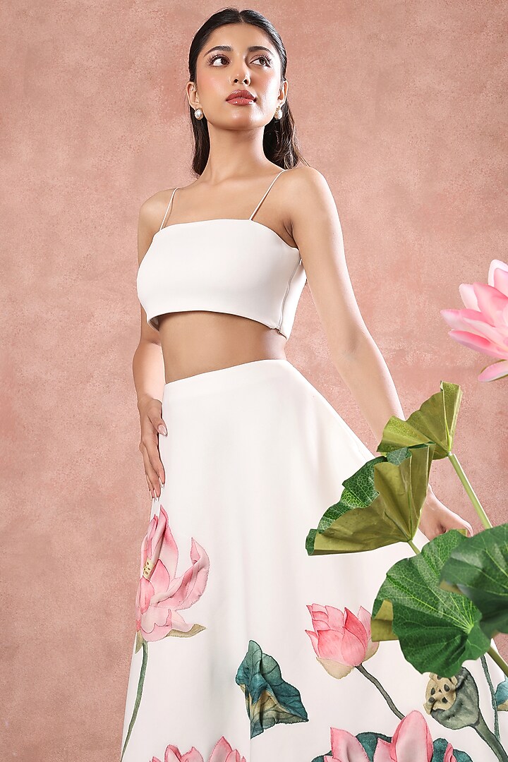 White Neoprene Lotus Hand Painted Midi Skirt Set by OZEQO at Pernia's Pop Up Shop