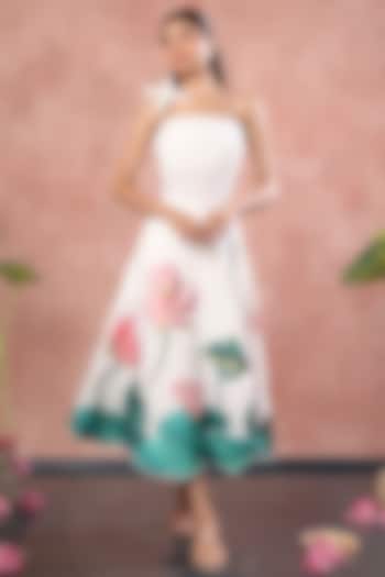 White Neoprene Lotus Hand Painted Midi Skirt Set by OZEQO at Pernia's Pop Up Shop