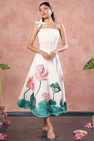 White Neoprene Lotus Hand Painted Midi Skirt Set by OZEQO