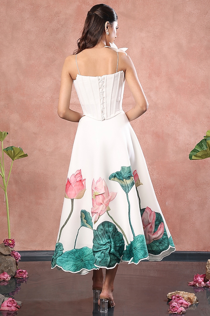 White Neoprene Lotus Hand Painted Midi Skirt Set by OZEQO at Pernia's Pop Up Shop