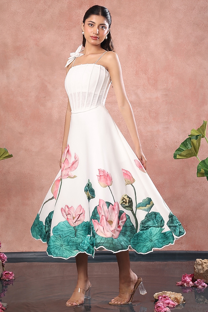 White Neoprene Lotus Hand Painted Midi Skirt Set by OZEQO at Pernia's Pop Up Shop