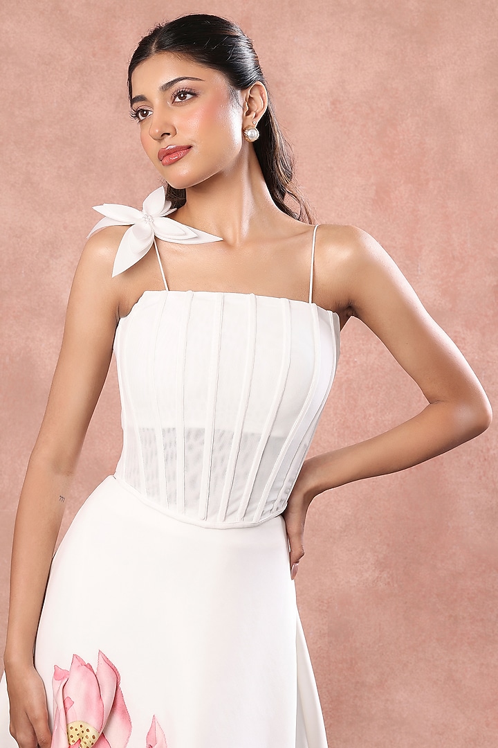 White Neoprene Lotus Hand Painted Midi Skirt Set by OZEQO at Pernia's Pop Up Shop