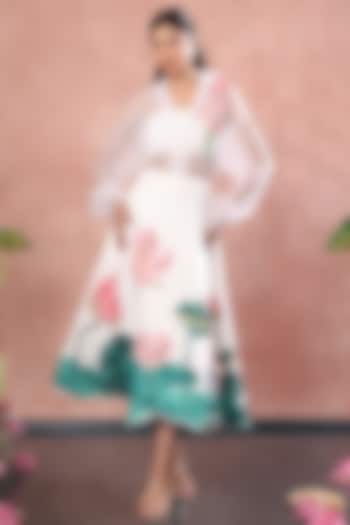 White Neoprene Lotus Hand Painted Midi Skirt Set by OZEQO at Pernia's Pop Up Shop