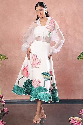 White Neoprene Lotus Hand Painted Midi Skirt Set by OZEQO