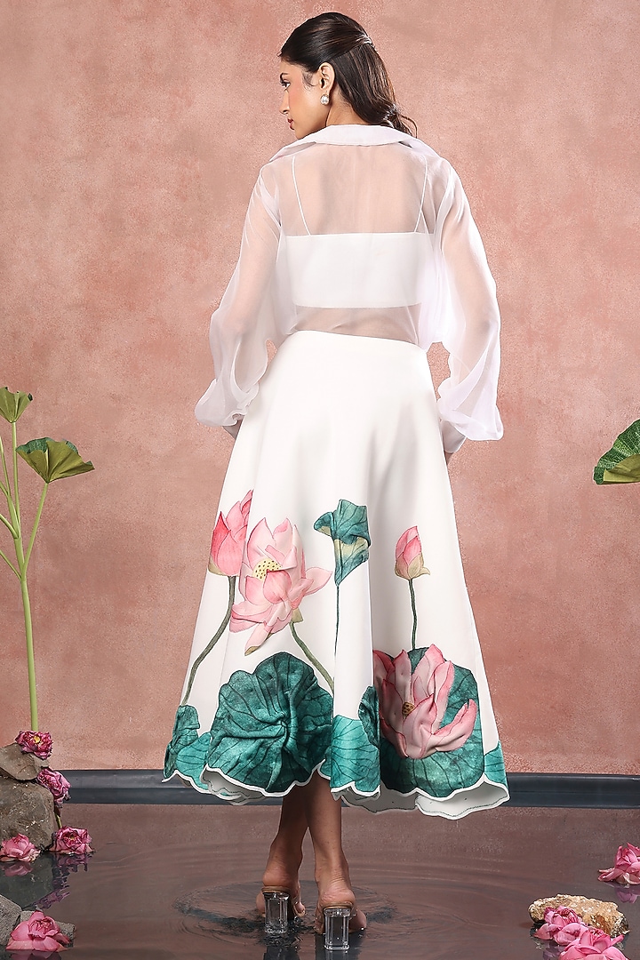 White Neoprene Lotus Hand Painted Midi Skirt Set by OZEQO at Pernia's Pop Up Shop