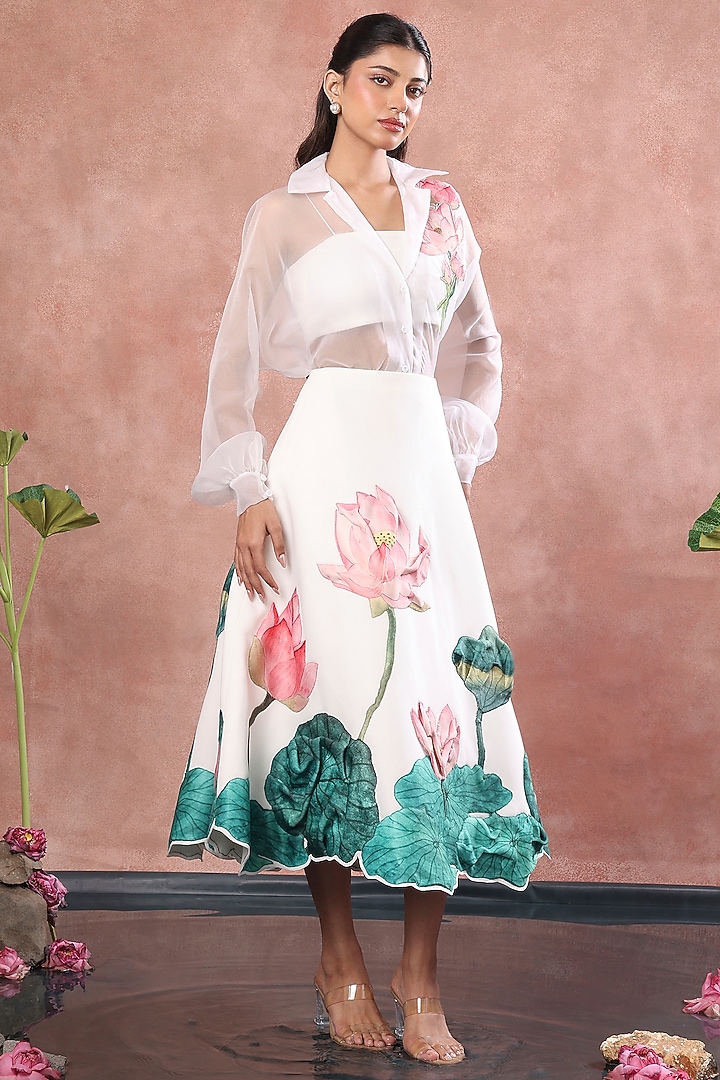 White Neoprene Lotus Hand Painted Midi Skirt Set by OZEQO at Pernia's Pop Up Shop