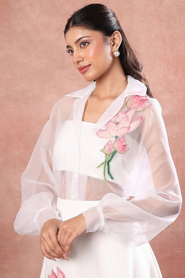 White Neoprene Lotus Hand Painted Midi Skirt Set by OZEQO at Pernia's Pop Up Shop