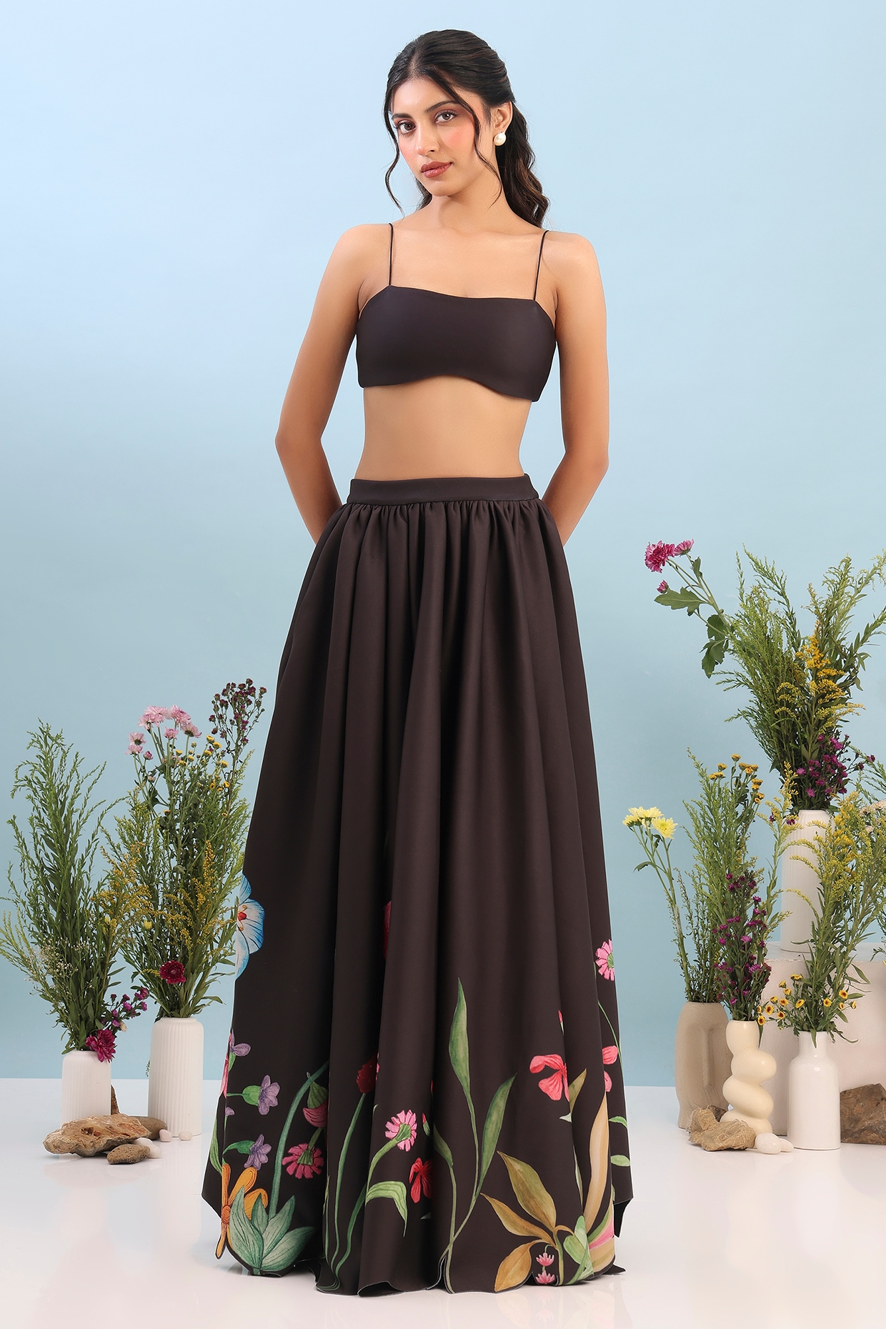 OZEQO Black Neoprene Floral Printed Asymmetrical Skirt Set