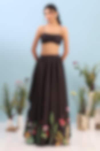 Black Neoprene Floral Printed Asymmetrical Skirt Set by OZEQO at Pernia's Pop Up Shop